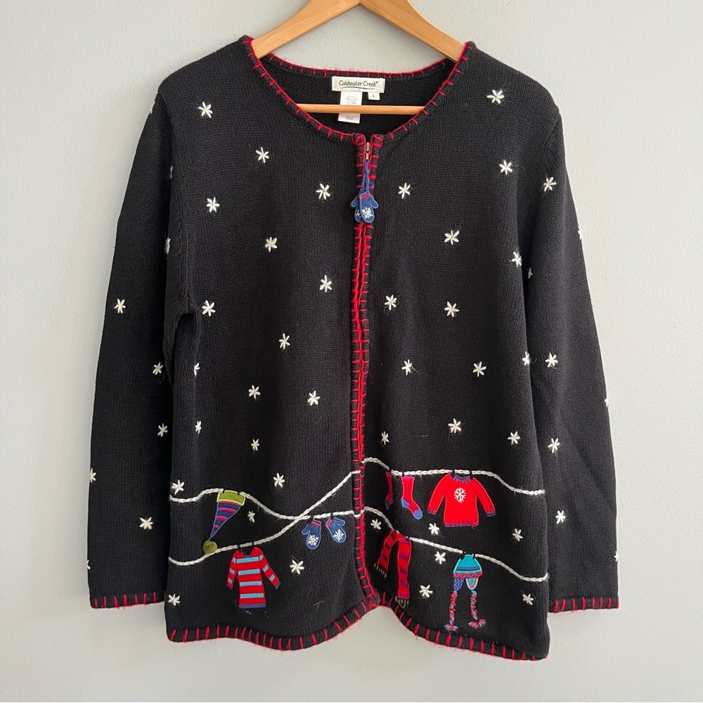 Coldwater Creek Women's Holiday Embroidered Full Zip Cardigan Size L Festive Ski